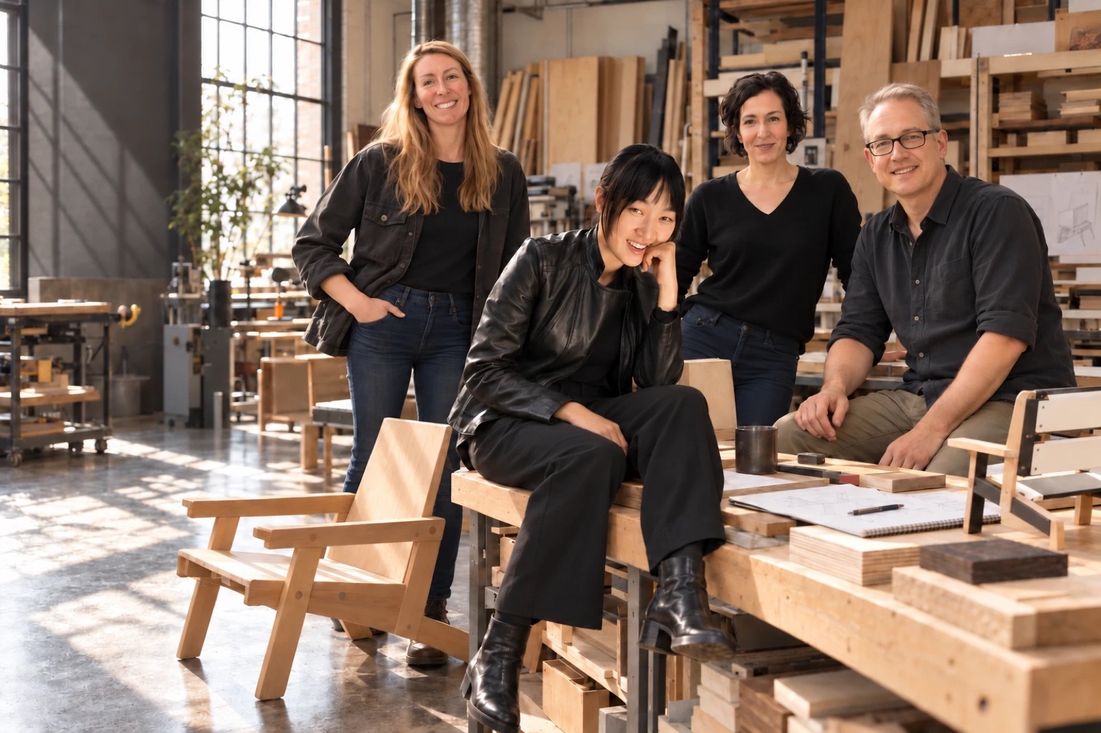 Placeholder image: four people at a workbench in a wood shop